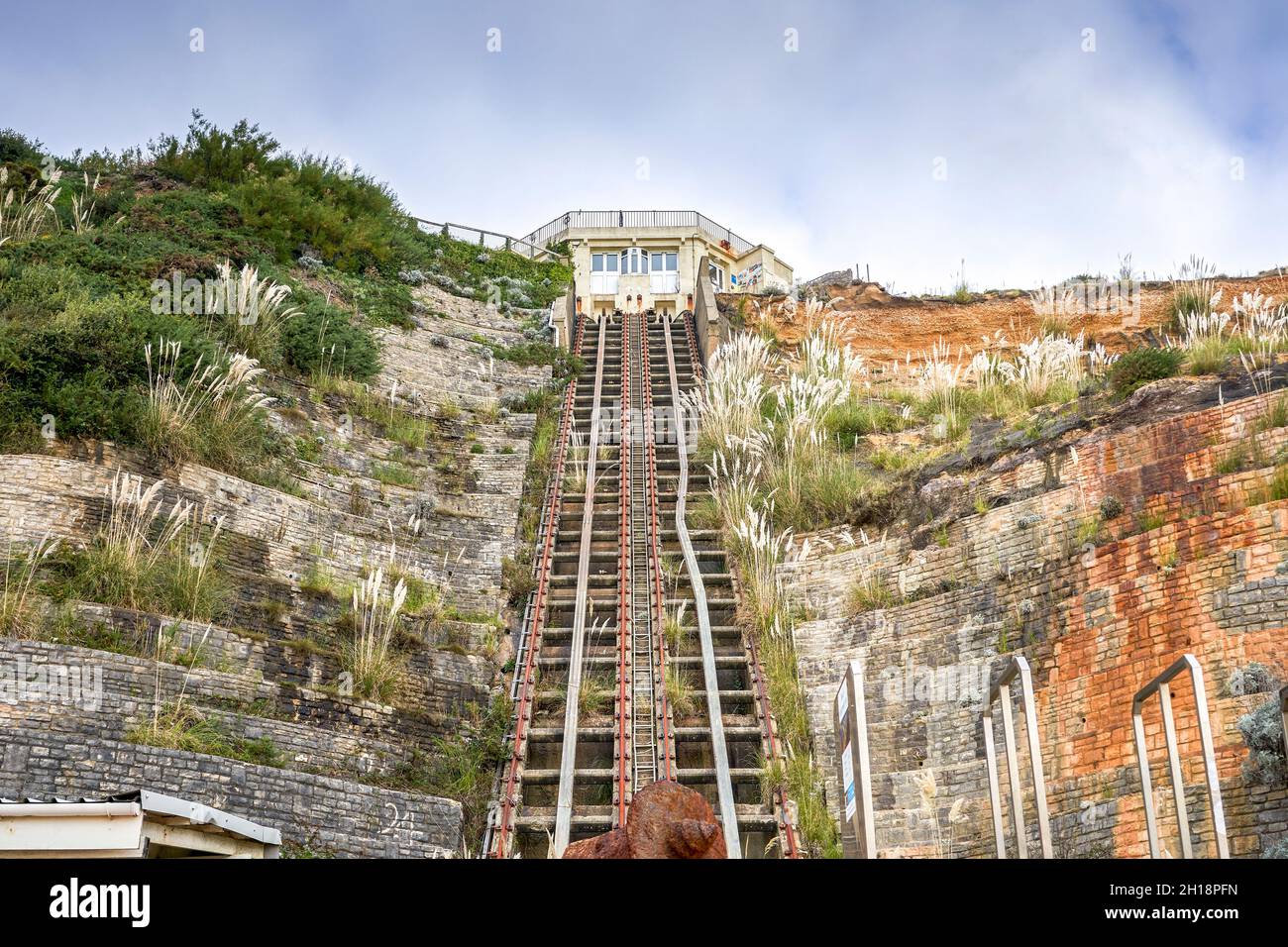 Disused funicular railway lift on the east cliff at Bournemouth Dorset closed down following a landslip in April 2016 Stock Photo