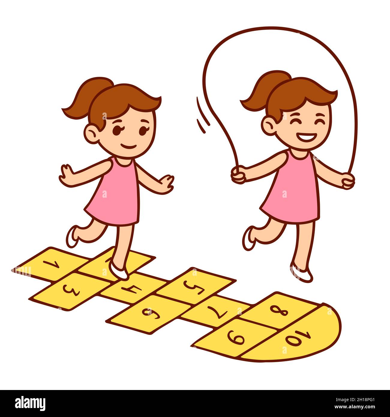 https://c8.alamy.com/comp/2H18PG1/cute-cartoon-little-girl-playing-hopscotch-and-jumping-rope-simple-happy-child-doodle-vector-clip-art-illustration-2H18PG1.jpg