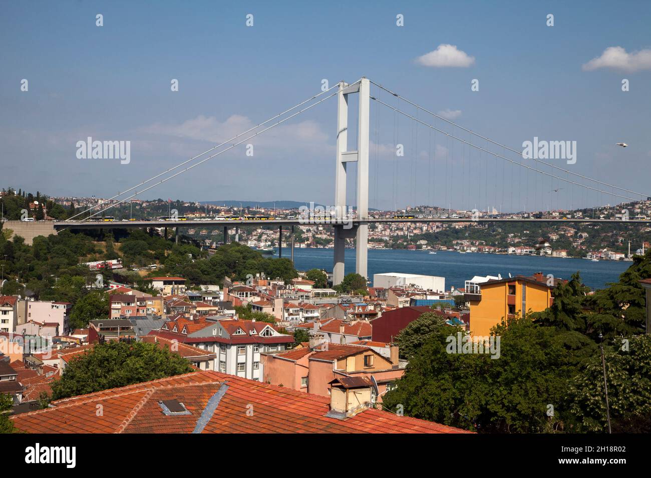 Istanbul,Turkey - 05-28-2021:Ortakoy district and 14 July Bridge view.Europe and Anatolia region together,Istanbul Stock Photo