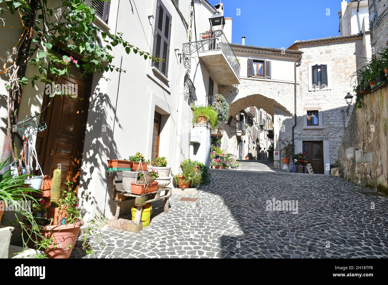 A square of Villa Santo Stefano, a medieval town of Lazio region, Italy. Stock Photo