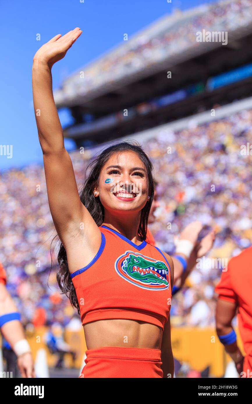 Florida Gators cheerleader waves to the fans, Saturday, Oct. 16, 2021, in Baton Rouge, Louisiana. LSU Tigers defeated the Florida Gators 49-42. (Kirk Stock Photo