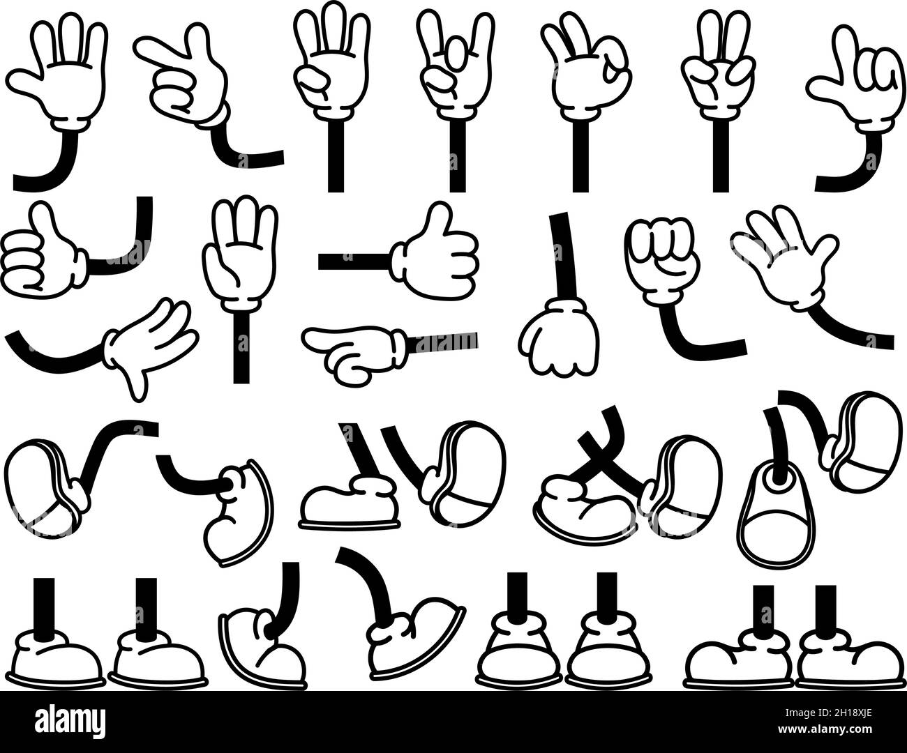 Vintage cartoon hands in gloves and feet in shoes. Cute animation character body parts. Comics arm gestures and walking leg poses vector set Stock Vector