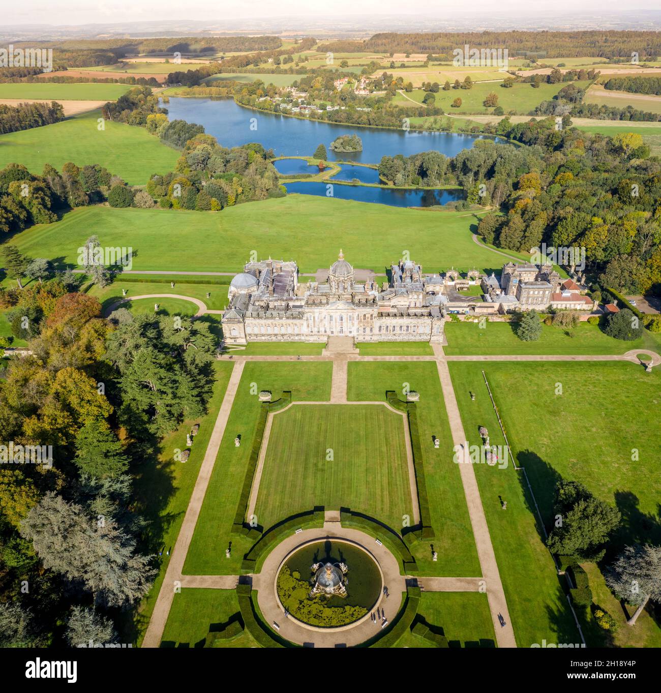 CASTLE HOWARD, YORK, UK - OCTOBER 15, 2021.  An aerial view of the formal gardens and stately home on The  Castle Howard estate in the Howardian Hills Stock Photo