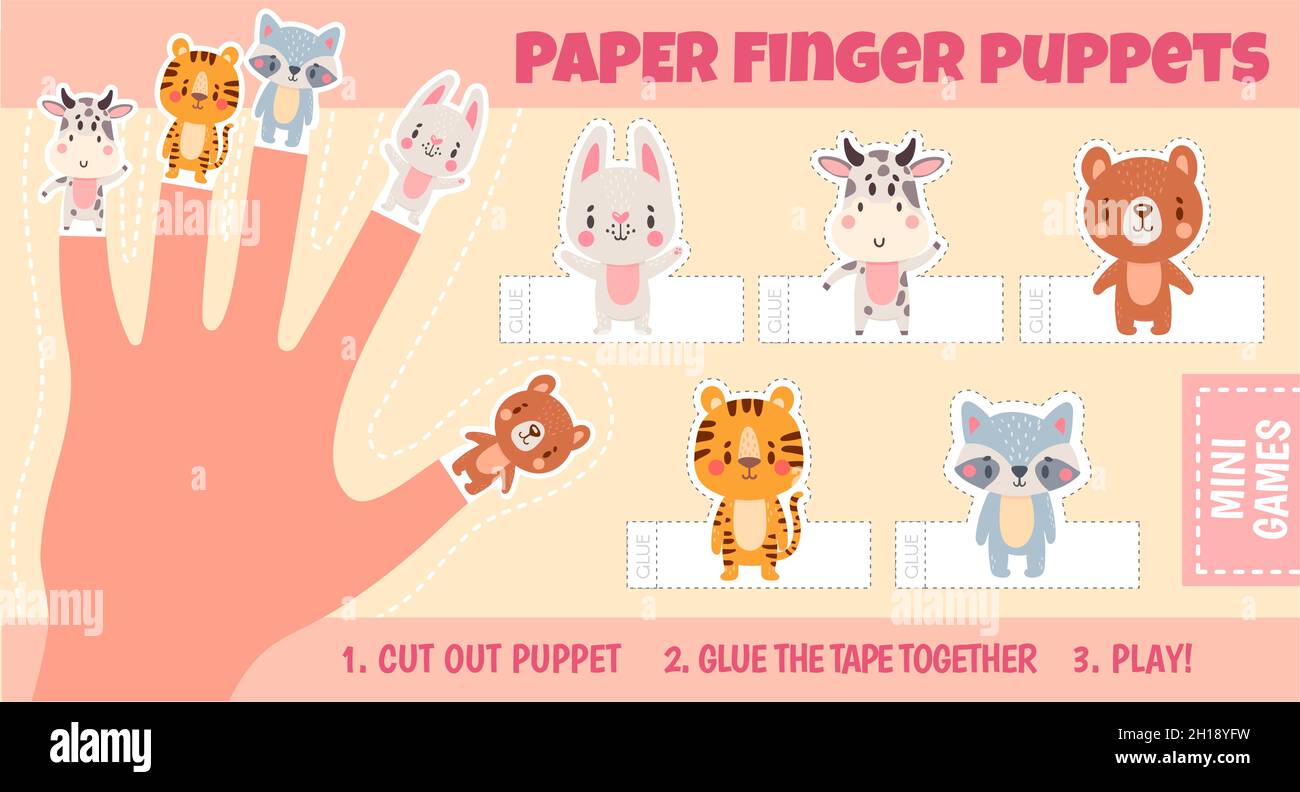 Paper animal finger puppets worksheets for kids hand. Handmade theatre activity. Children cut craft page with cartoon dolls vector template Stock Vector
