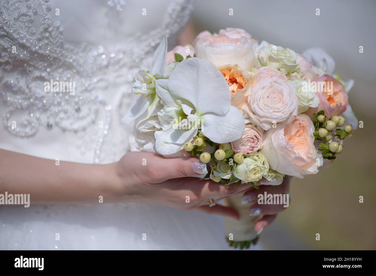 Caucasian bride wearing beautiful embellished dress and holding a round pastel colored bouquet featuring large white orchids, pink roses and berries Stock Photo