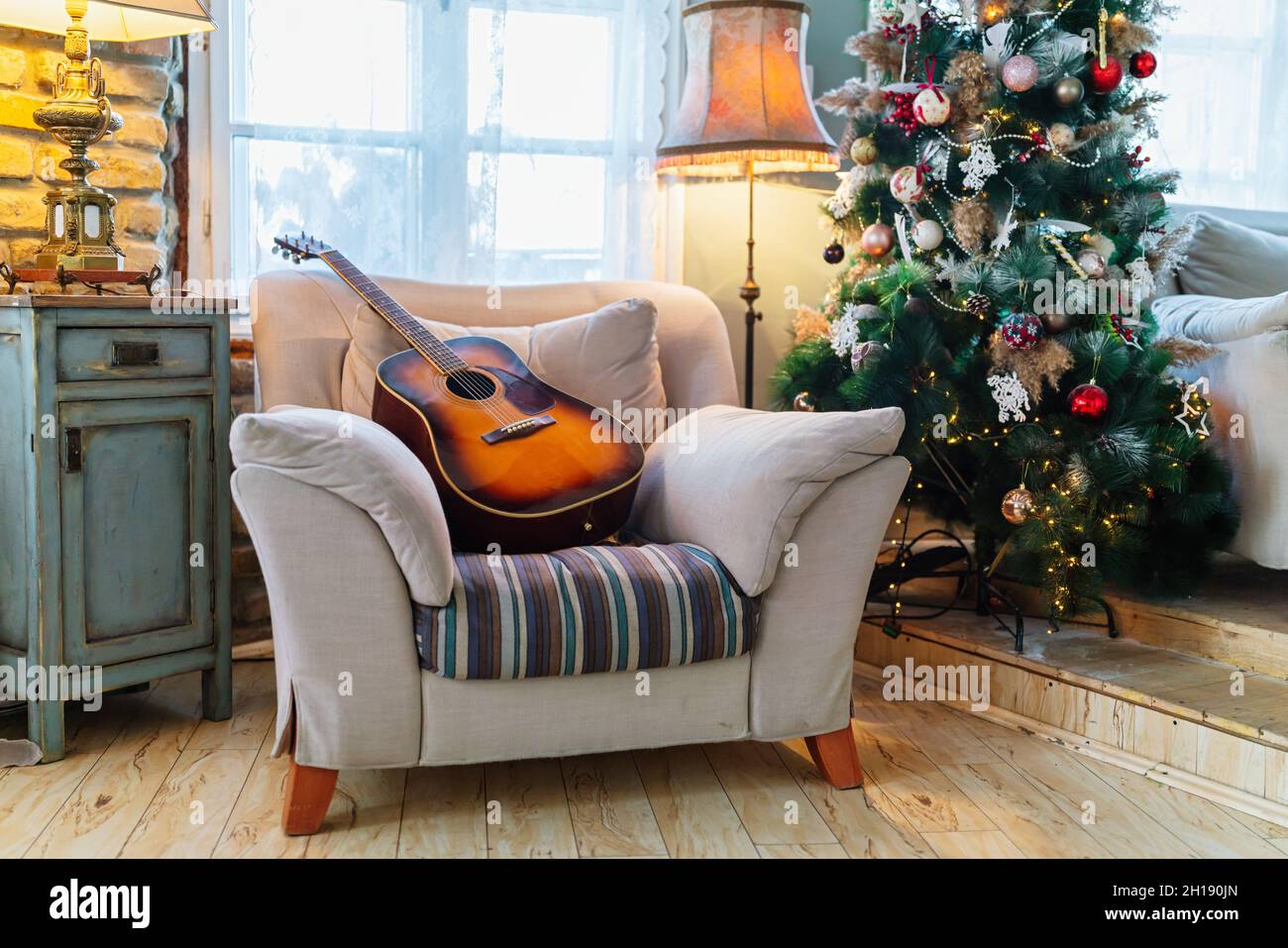 Bright living room decorated with christmas tree. Backgroud interior concept Stock Photo