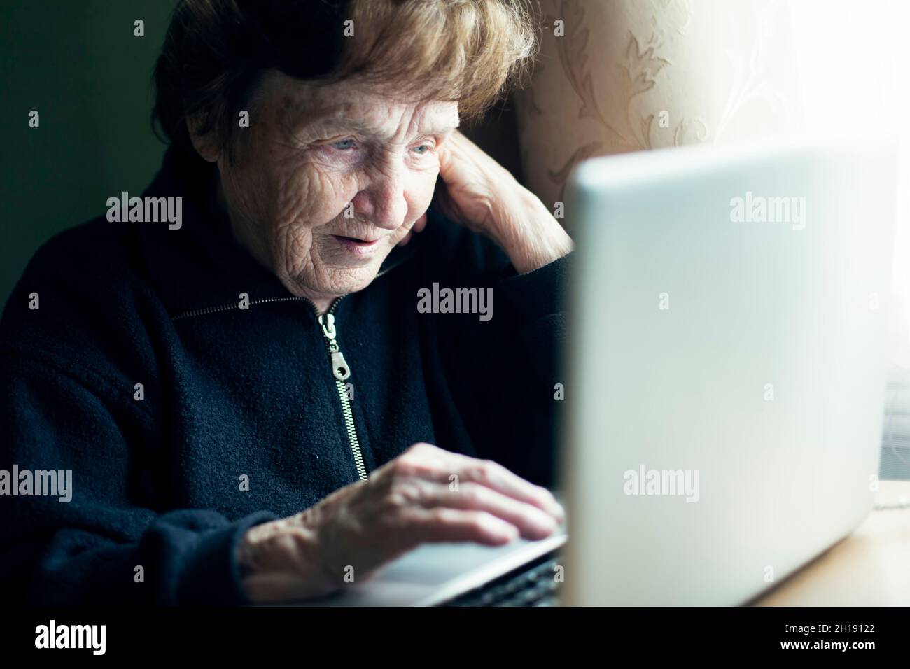 An old woman working on the computer in her home. Stock Photo