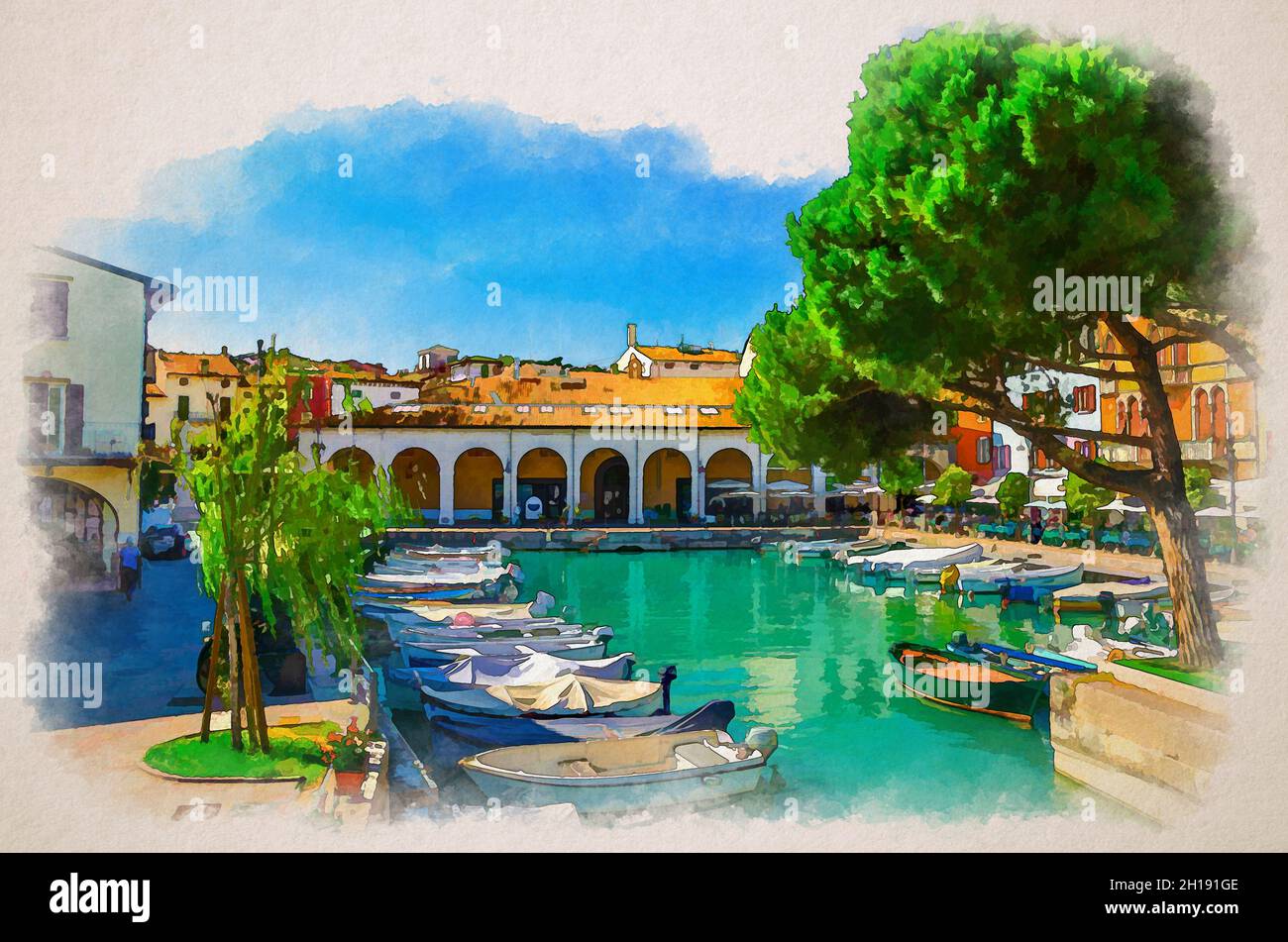 Watercolor drawing of Desenzano del Garda Old harbour with boats on turquoise water, green trees, street restaurants and traditional buildings in hist Stock Photo