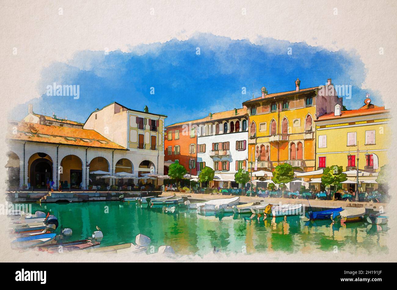 Watercolor drawing of Desenzano del Garda Old harbour Porto Vecchio with boats on turquoise water, green trees, street restaurants and traditional bui Stock Photo