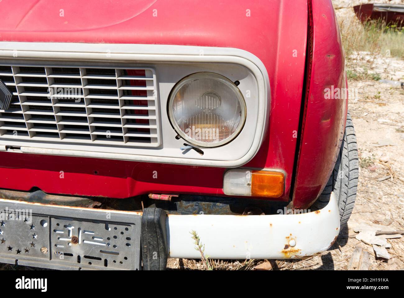 Croatia, August 13 2021. Old red rusty classic car REnault fourTrogir, Stock Photo