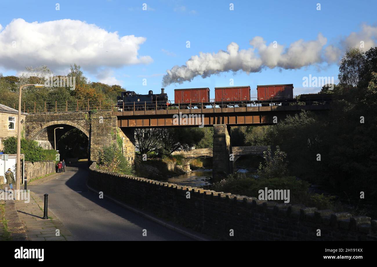 Jinty 47298 heads the freight over Summerseat viaduct on 15.10.21 on the East Lancs Railway. Stock Photo