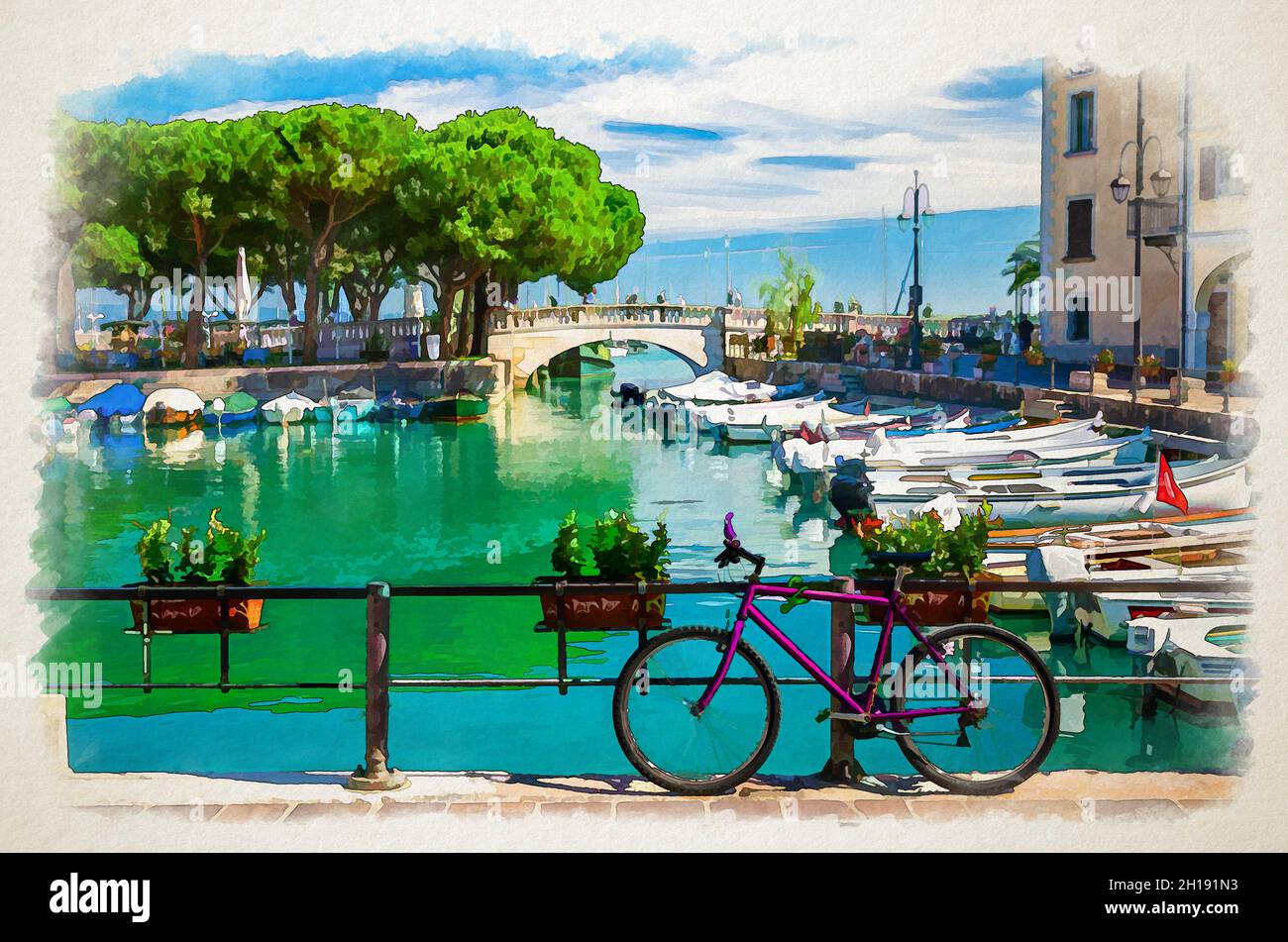 Watercolor drawing of Bicycle bike near fence of old harbour Porto Vecchio with motor boats on turquoise water and Venetian bridge in historical centr Stock Photo