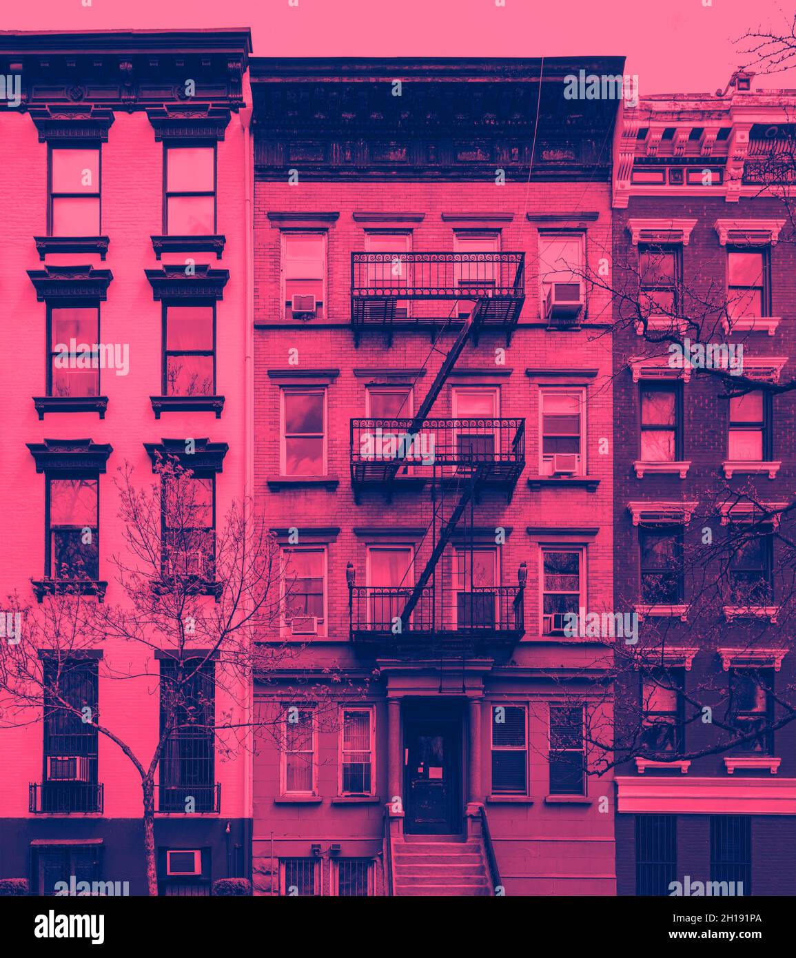 Block of colorful old apartment buildings in the East Village