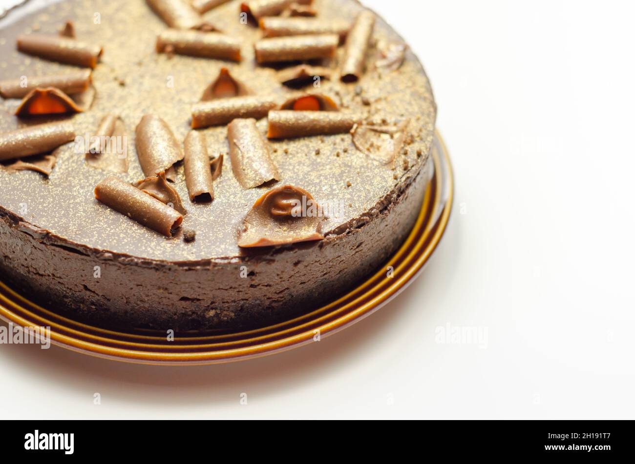 Digestive biscuit base with chocolate cheesecake and pockets of salted