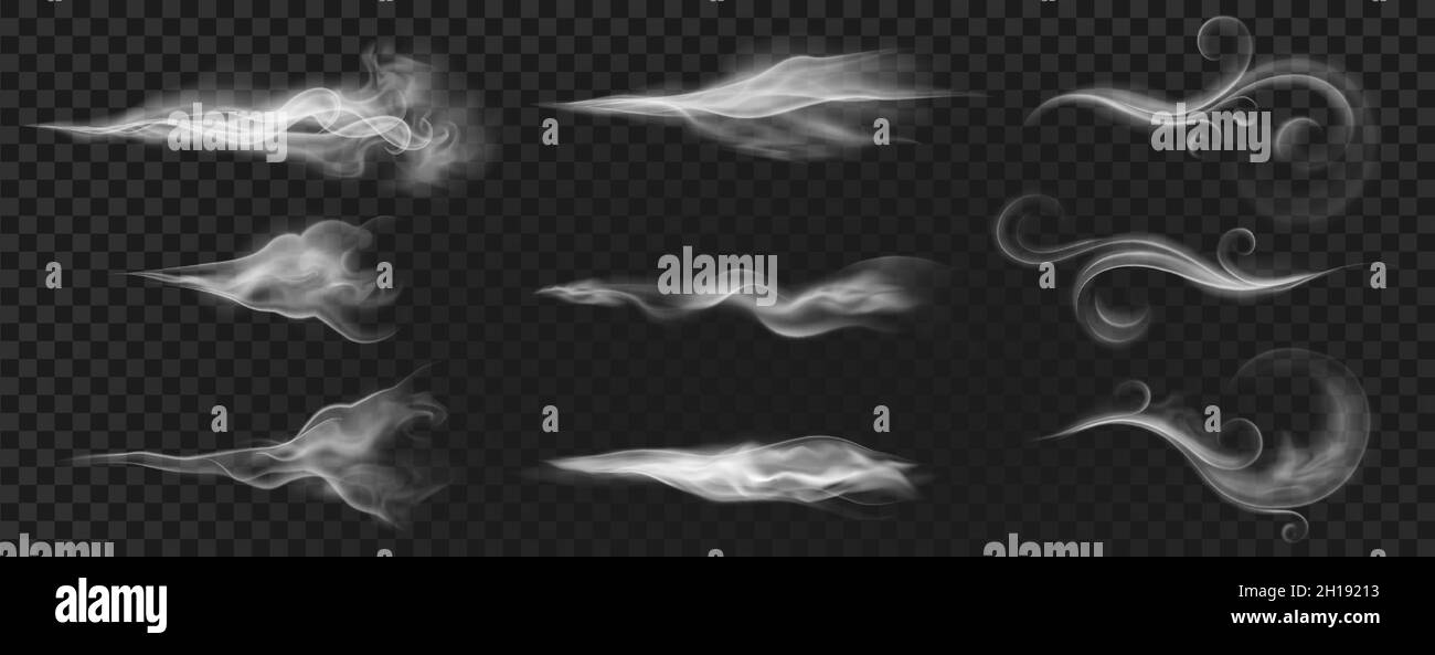 Realistic wind blow swirls, smoke air or hot steam. Curved flow waves, mist, aroma or perfume clouds effect. White blowing stream vector set Stock Vector