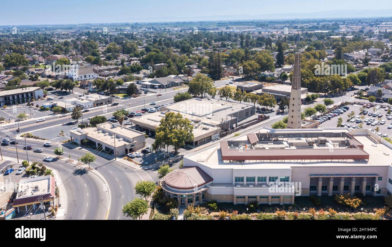 Daytime aerial view of the urban core of downtown Turlock, California 