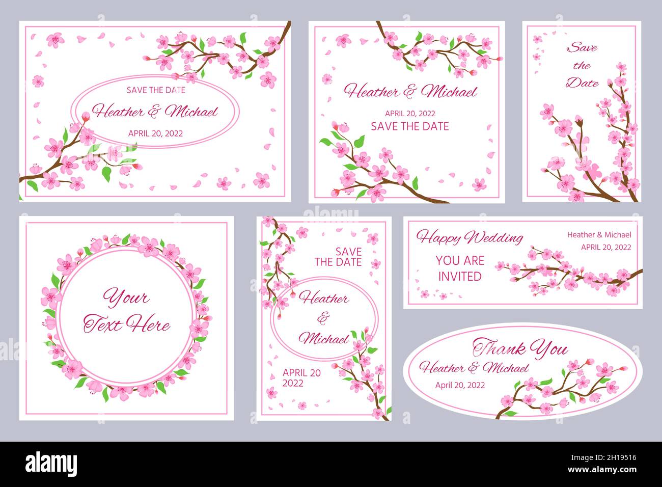 Wedding invitations and greeting cards with sakura blossom flowers. Japan cherry tree branches and pink petals frames and borders vector set Stock Vector