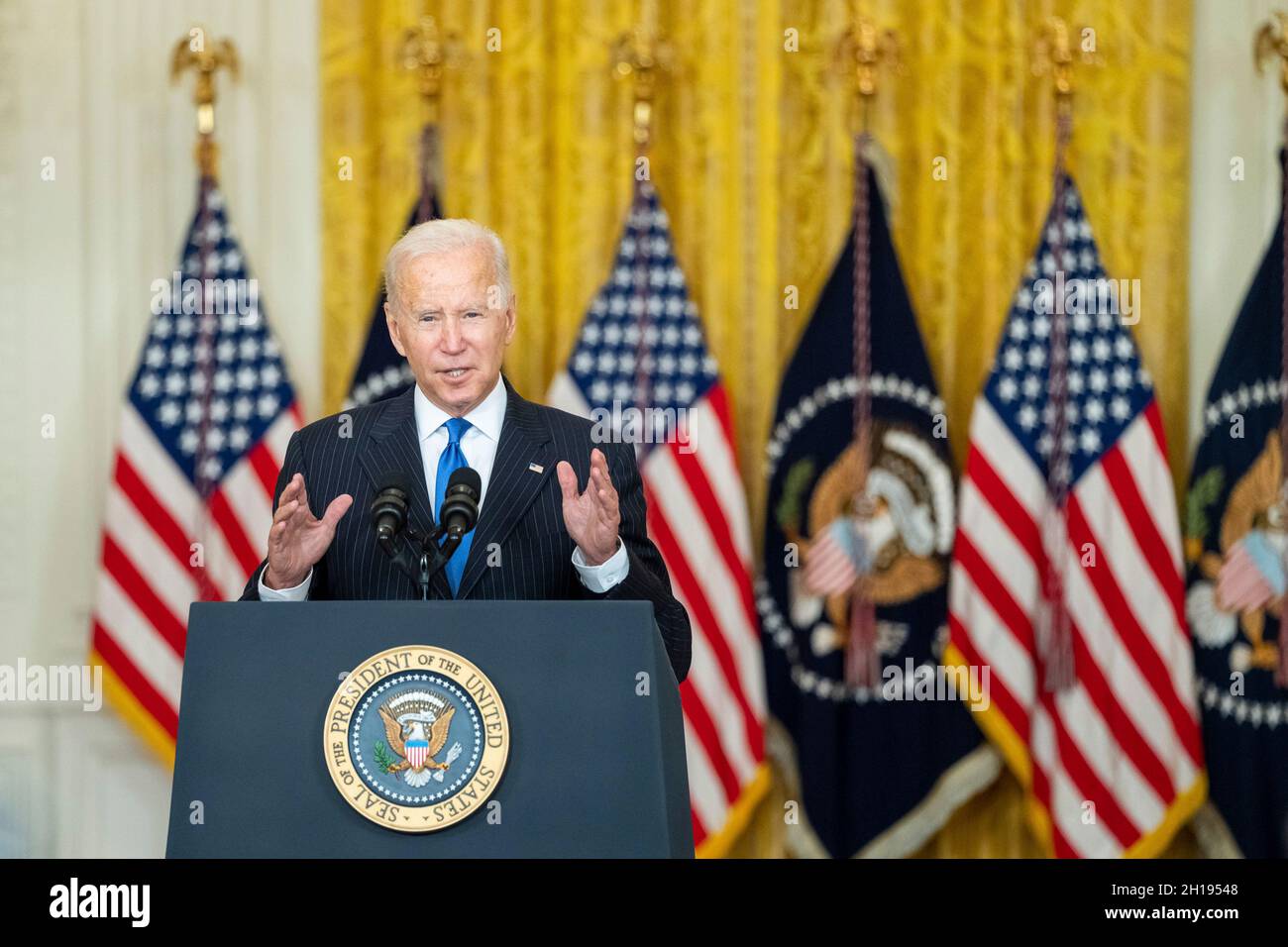 Washington, United States of America. 13 October, 2021. U.S President Joe Biden delivers remarks on the global supply chains from the East Room of the White House October 13, 2021 in Washington, D.C.  Credit: Adam Schultz/White House Photo/Alamy Live News Stock Photo