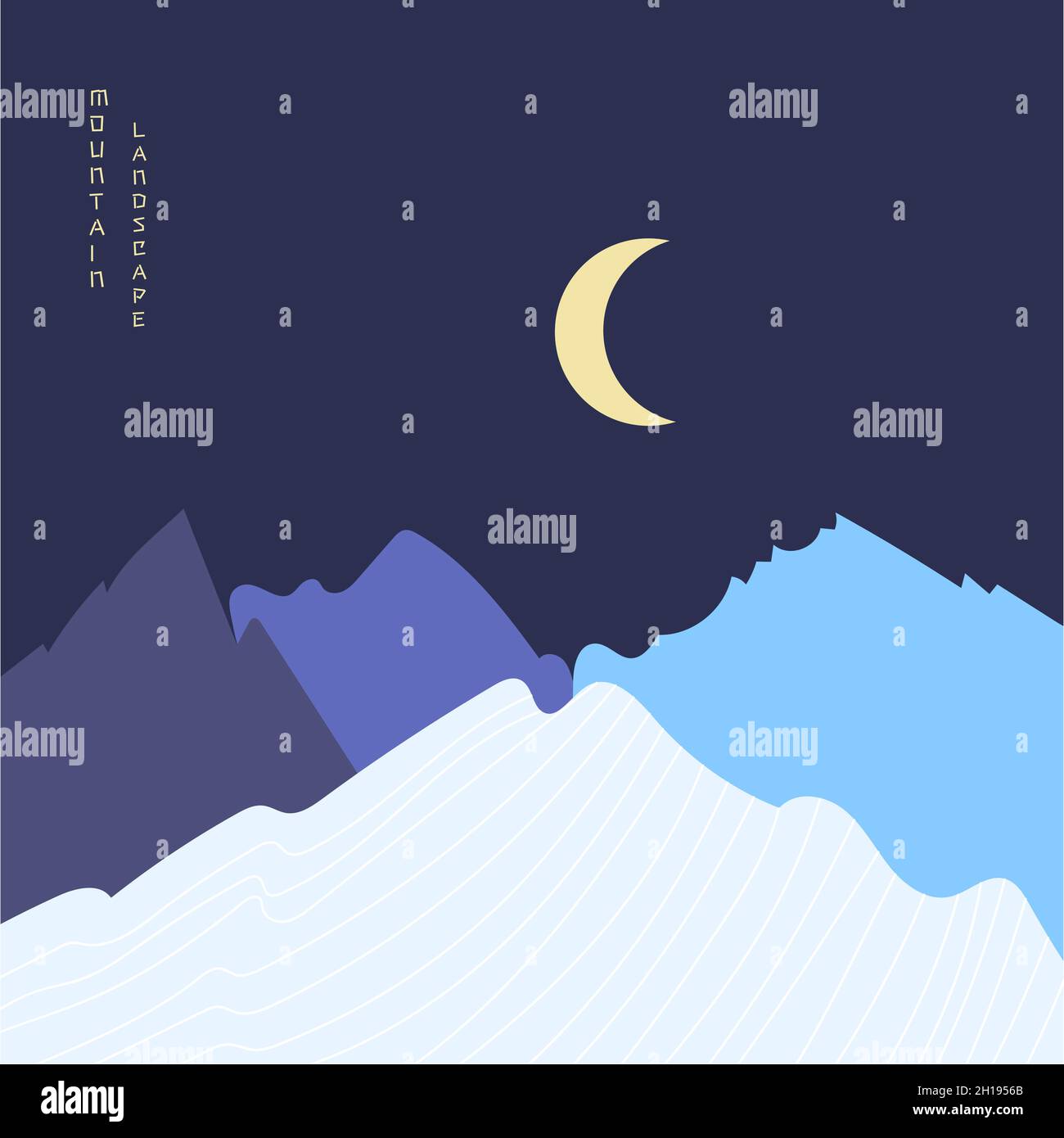 Abstract night mountain landscape poster. Geometric landscape background in asian japanese style.  Stock Vector