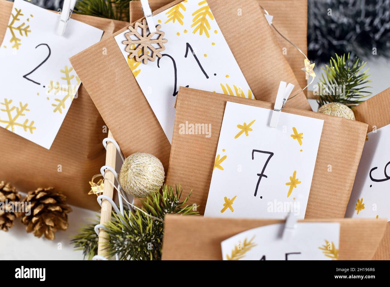 Homemade Advent calendar made from craft paper bags with handwritten