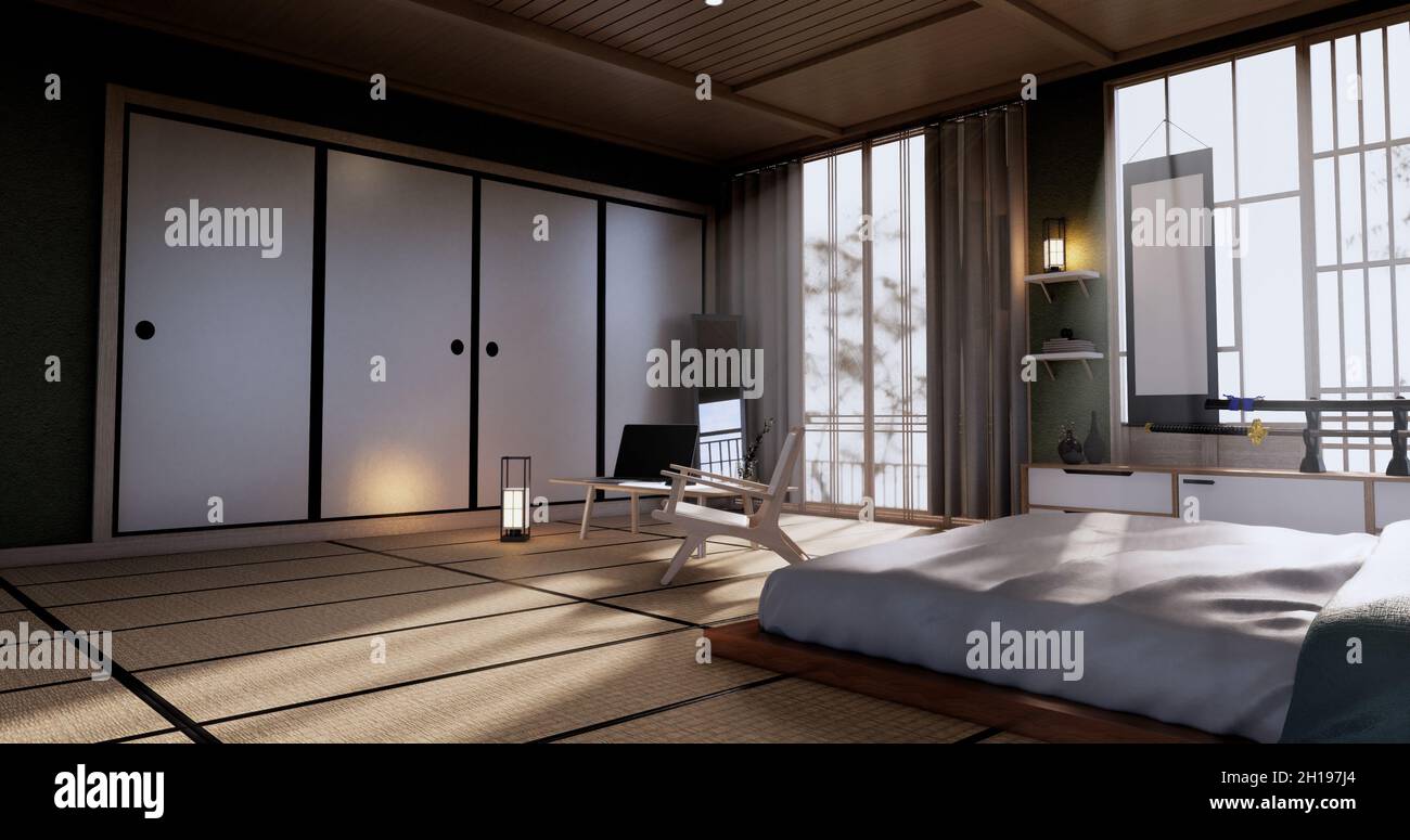 Bed room japanese design on tropical room interior and tatami mat floor ...