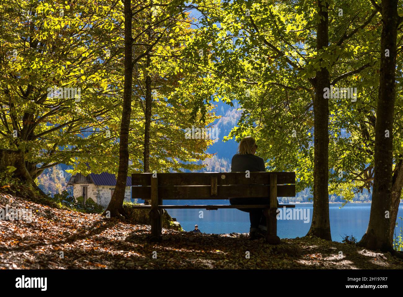 Tarvisio, Italien. 17th Oct, 2021. Italy, Tarvisio, 17.10.2021: Autumn colours radiate at Lake Raibl in the Italian Alps. Credit: Juergen Schwarz/Alamy Live News Stock Photo