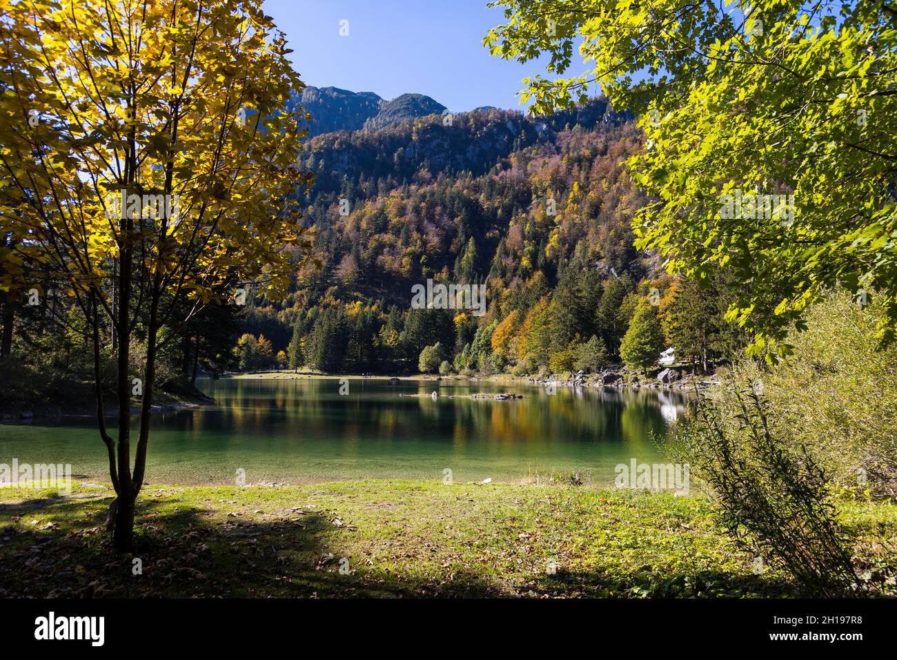 Tarvisio, Italien. 17th Oct, 2021. Italy, Tarvisio, 17.10.2021: Autumn colours radiate at Lake Raibl in the Italian Alps. Credit: Juergen Schwarz/Alamy Live News Stock Photo