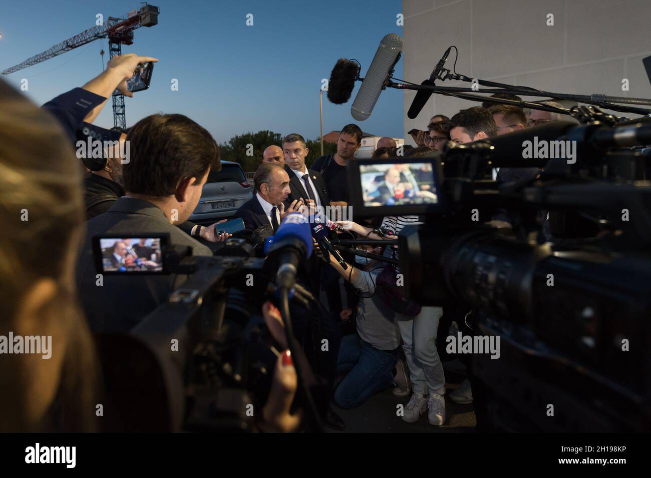 Eric Zemmour speaks to the press after his meeting in Beziers.Eric Zemmour held a meeting in Beziers at the invitation of its mayor Robert Menard, reputedly close to the Rassemblement National of Marine Le Pen. During his speech he particularly insisted on the degradation of the school system and castigated the policies carried out since after the war. He violently attacked the Marxist and progressive influence in force according to him within the Ministry of National Education in France. (Photo by Laurent Coust/SOPA Images/Sipa USA) Stock Photo