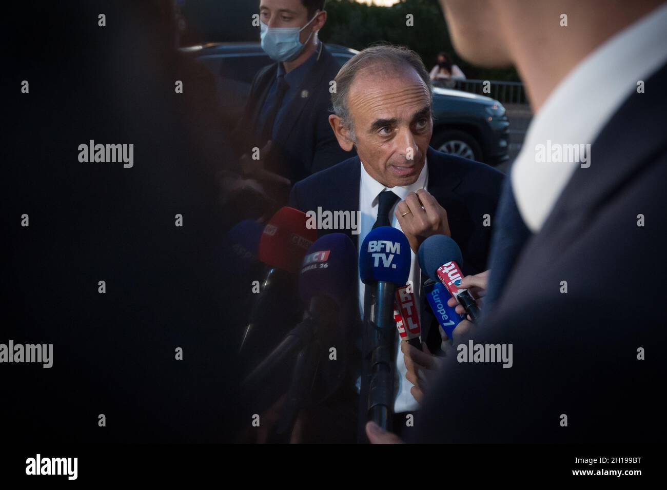 Beziers, France. 16th Oct, 2021. Eric Zemmour speaks to the press after his meeting in Beziers.Eric Zemmour held a meeting in Beziers at the invitation of its mayor Robert Menard, reputedly close to the Rassemblement National of Marine Le Pen. During his speech he particularly insisted on the degradation of the school system and castigated the policies carried out since after the war. He violently attacked the Marxist and progressive influence in force according to him within the Ministry of National Education in France. Credit: SOPA Images Limited/Alamy Live News Stock Photo