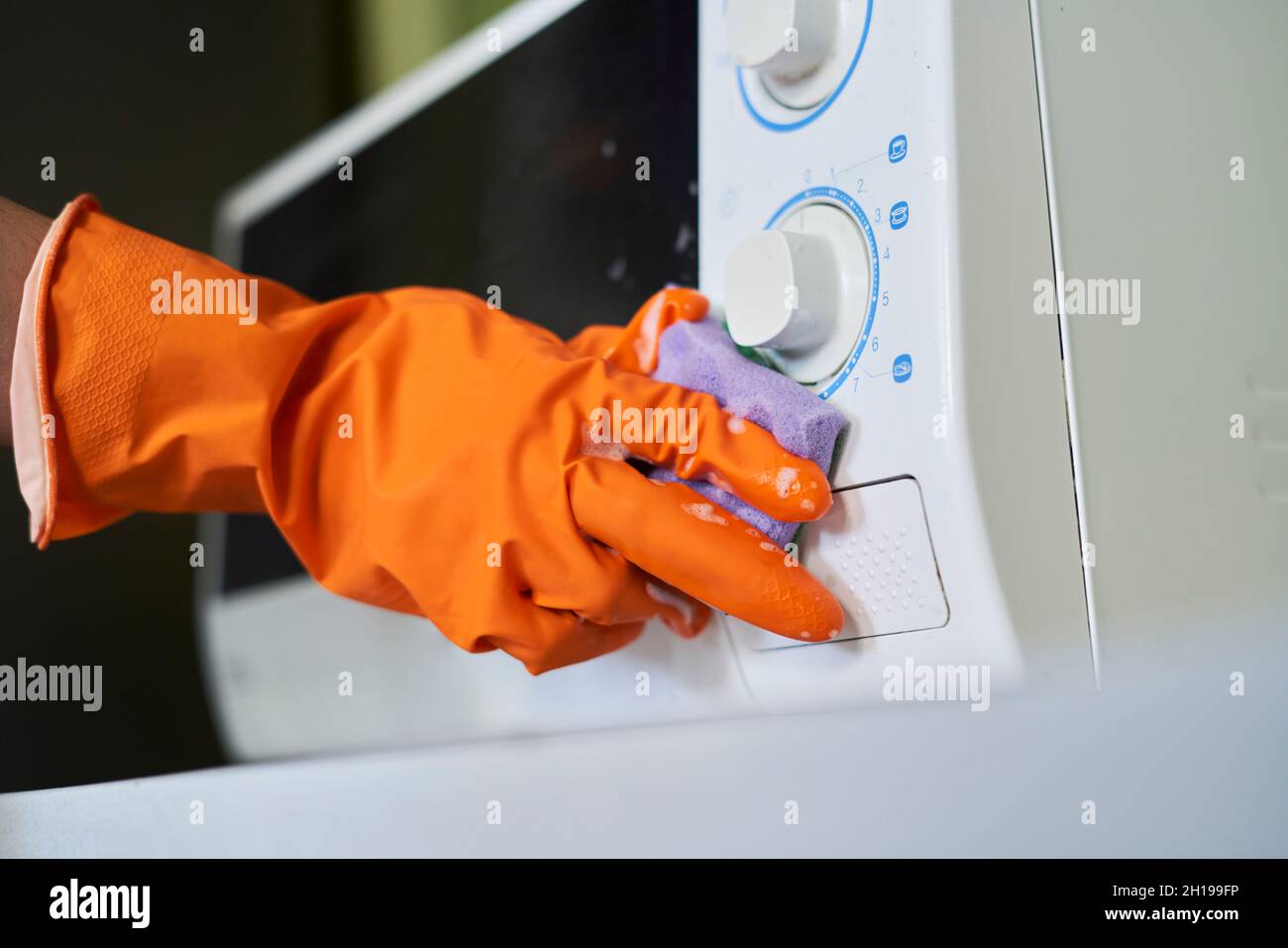 Woman in rubber gloves cleaning microwave oven with sponge in kitchen. Cleaning microwave in the