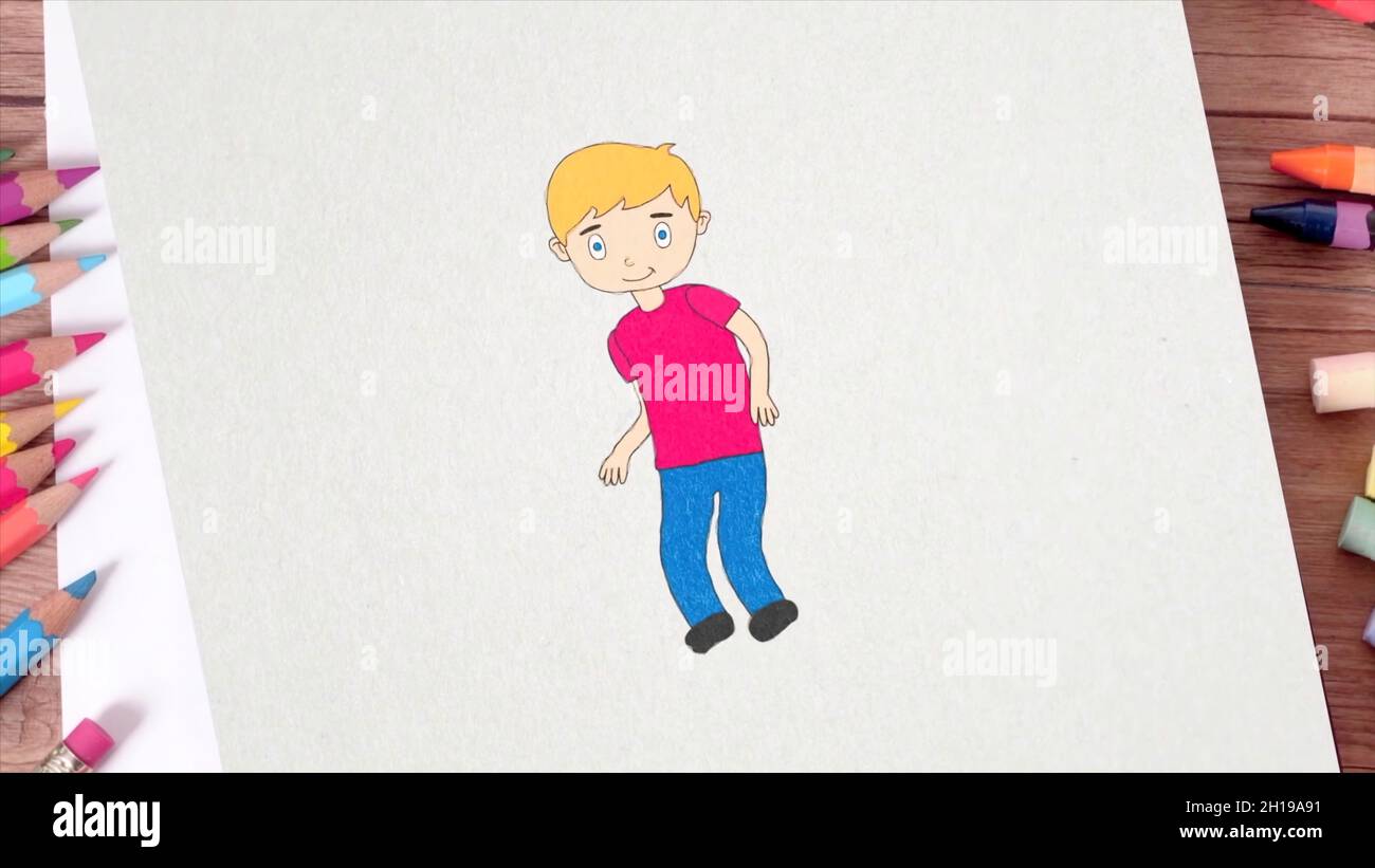 Animation of the cartoon boy, which is drawn on a list of paper and ...