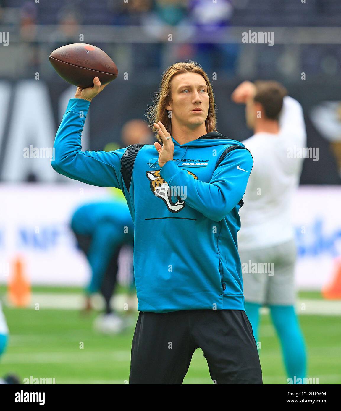 Jacksonville Jaguars quarterback Trevor Lawrence loosens up ahead of the NFL International Series game against the Miami Dolphins at Tottenham Hotspur Stock Photo