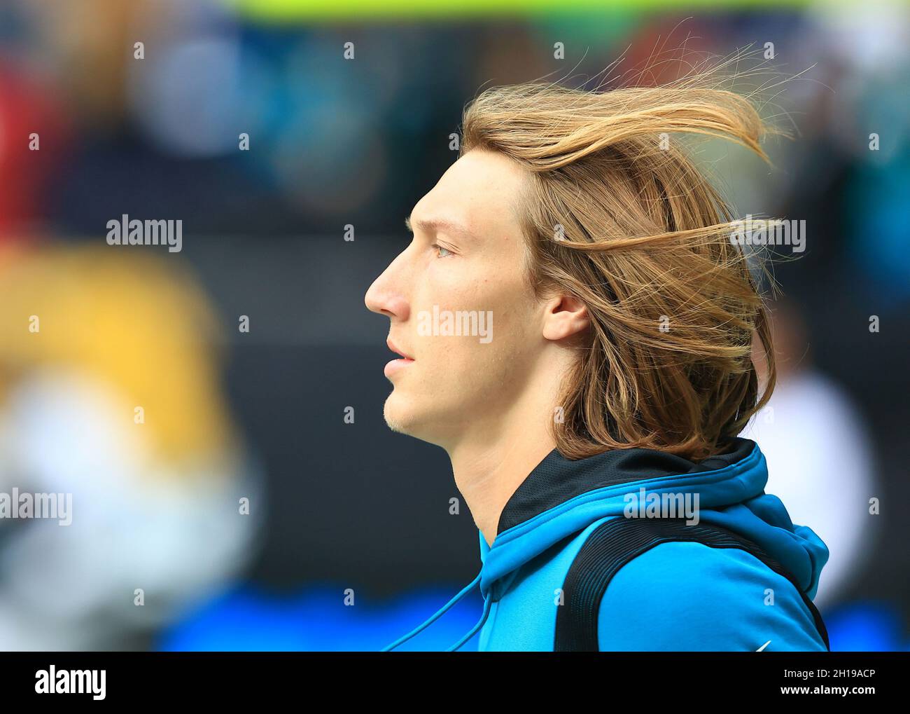 Jacksonville Jaguars quarterback Trevor Lawrence takes to the field ahead of the NFL International Series game against the Miami Dolphins at Tottenham Stock Photo