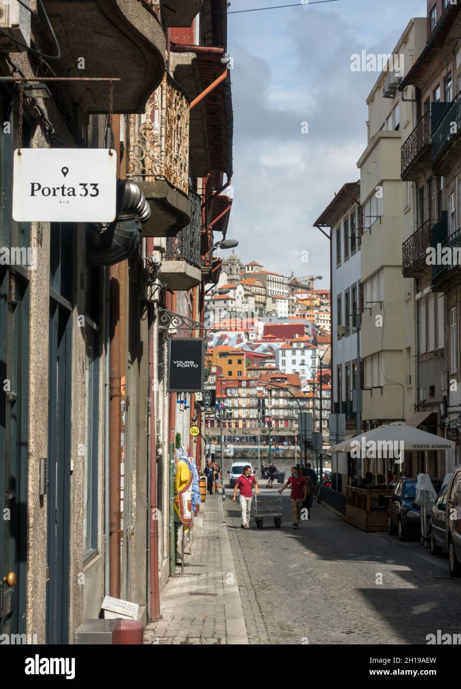 Street view Vila Nova de Gaia district with cable cars visible, of Porto. Portugal. Stock Photo