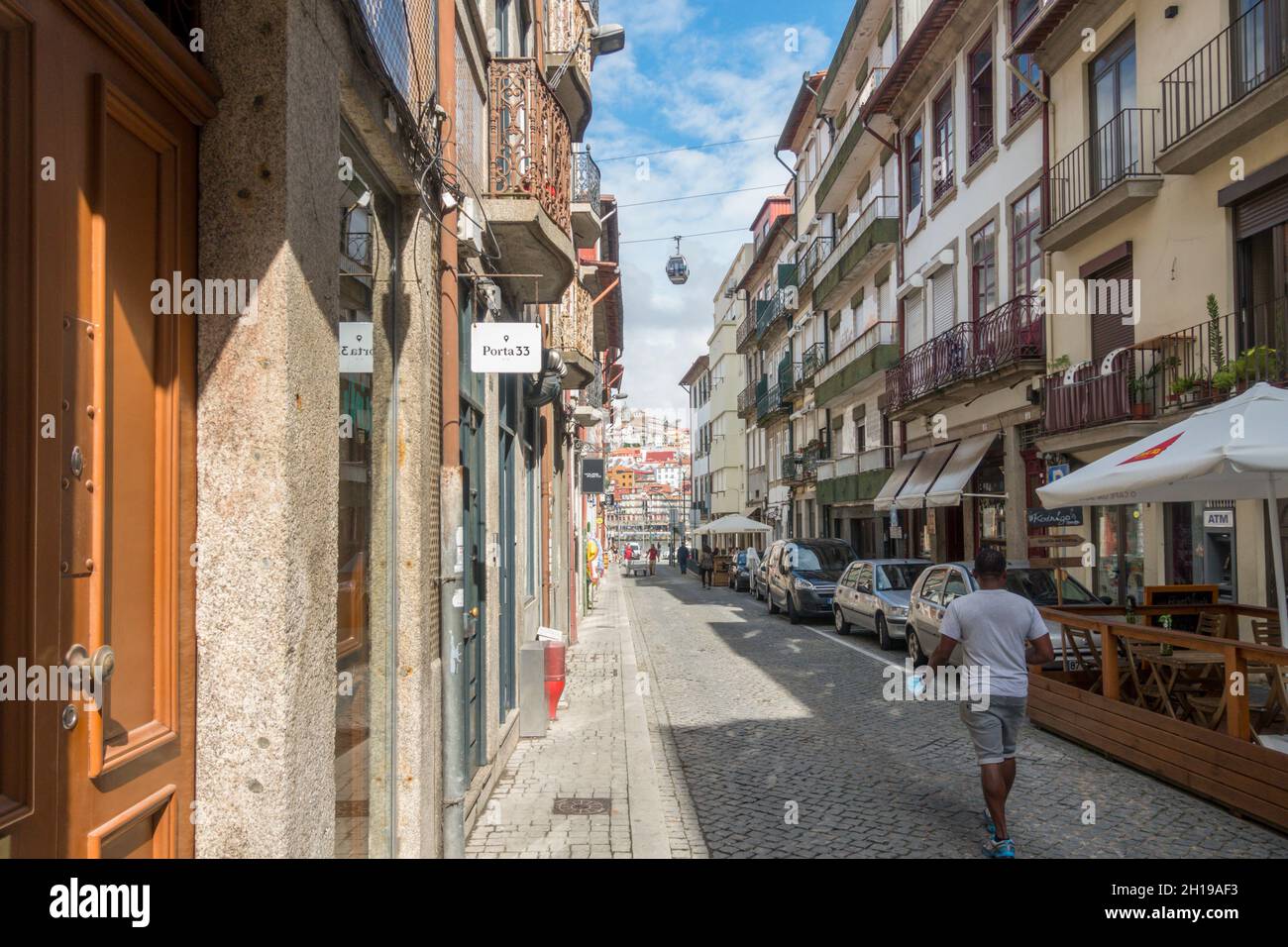 Street view Vila Nova de Gaia district with cable cars visible, of Porto. Portugal. Stock Photo