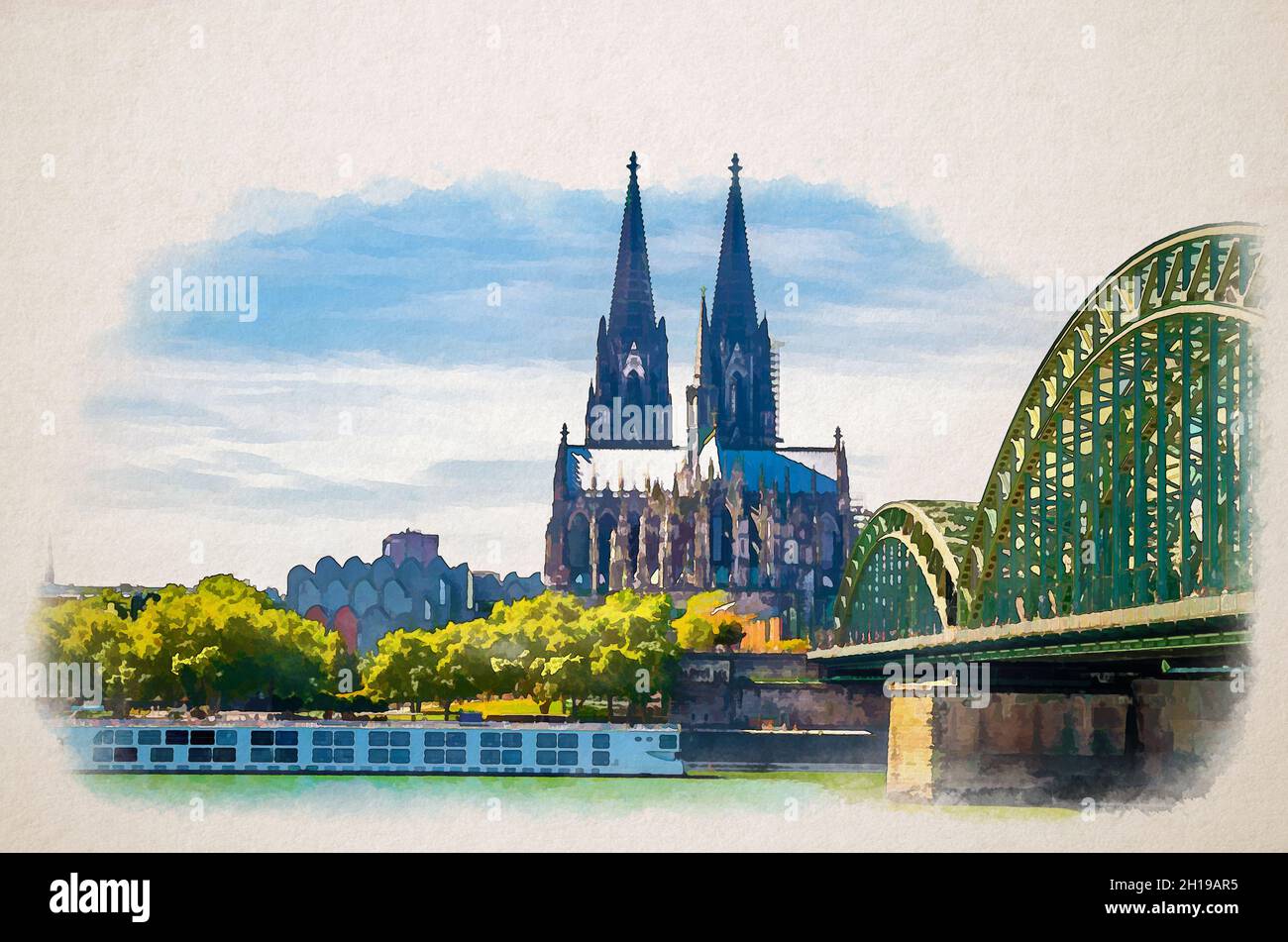 Watercolor drawing of Cologne cityscape of historical city centre with  Cologne Cathedral Roman Catholic Church of Saint Peter gothic style building,  H Stock Photo - Alamy