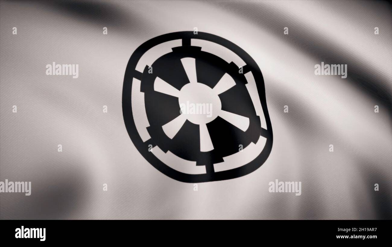 Star Wars. Galactic Empire flag is waving on transparent background. Close-up of waving flag with Galactic Empire logo, seamless loop. Editorial anima Stock Photo