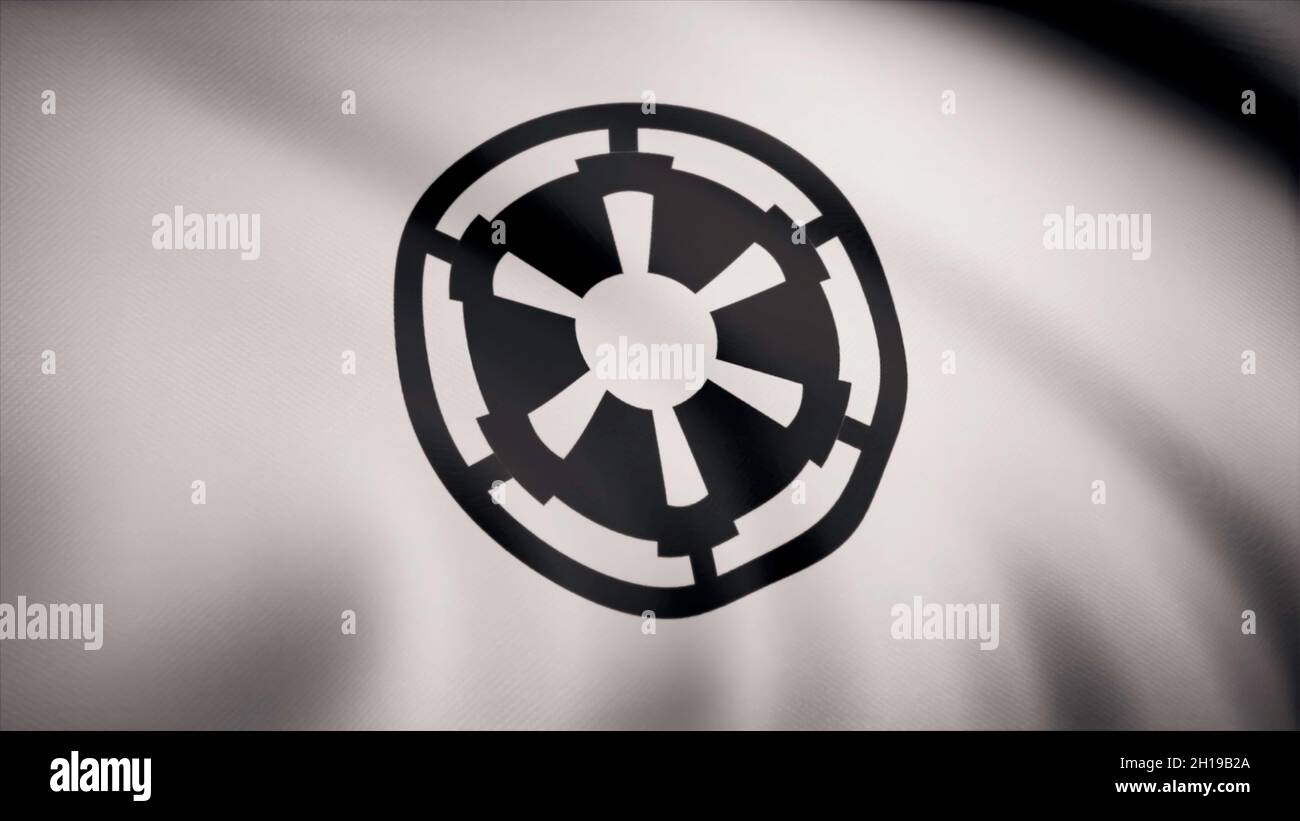 Star Wars. Galactic Empire flag is waving on transparent background. Close-up of waving flag with Galactic Empire logo, seamless loop. Editorial anima Stock Photo