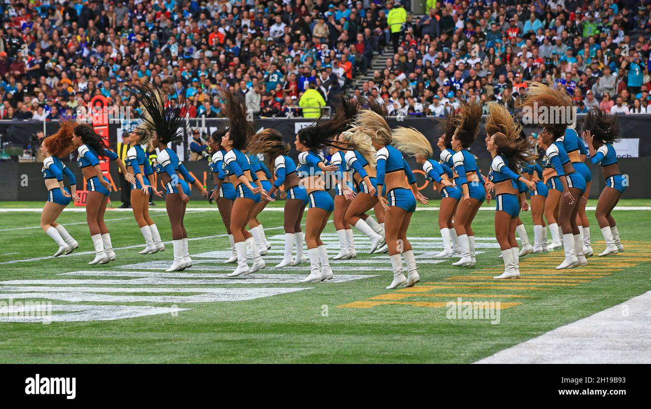 The Jacksonville Jaguars Cheerleaders perform during an NFL International Series game against the Miami Dolphins at Tottenham Hotspur Stadium, Sunday, Stock Photo