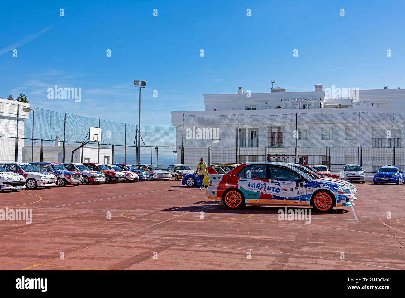 racing cars waiting for rise of Vejer in Vejer de la Frontera Stock Photo
