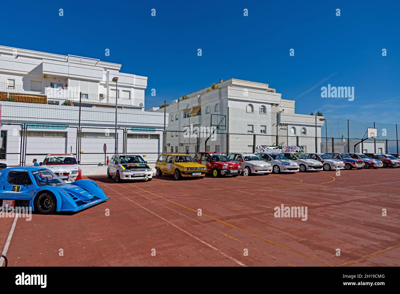 racing cars waiting for rise of Vejer in Vejer de la Frontera Stock Photo