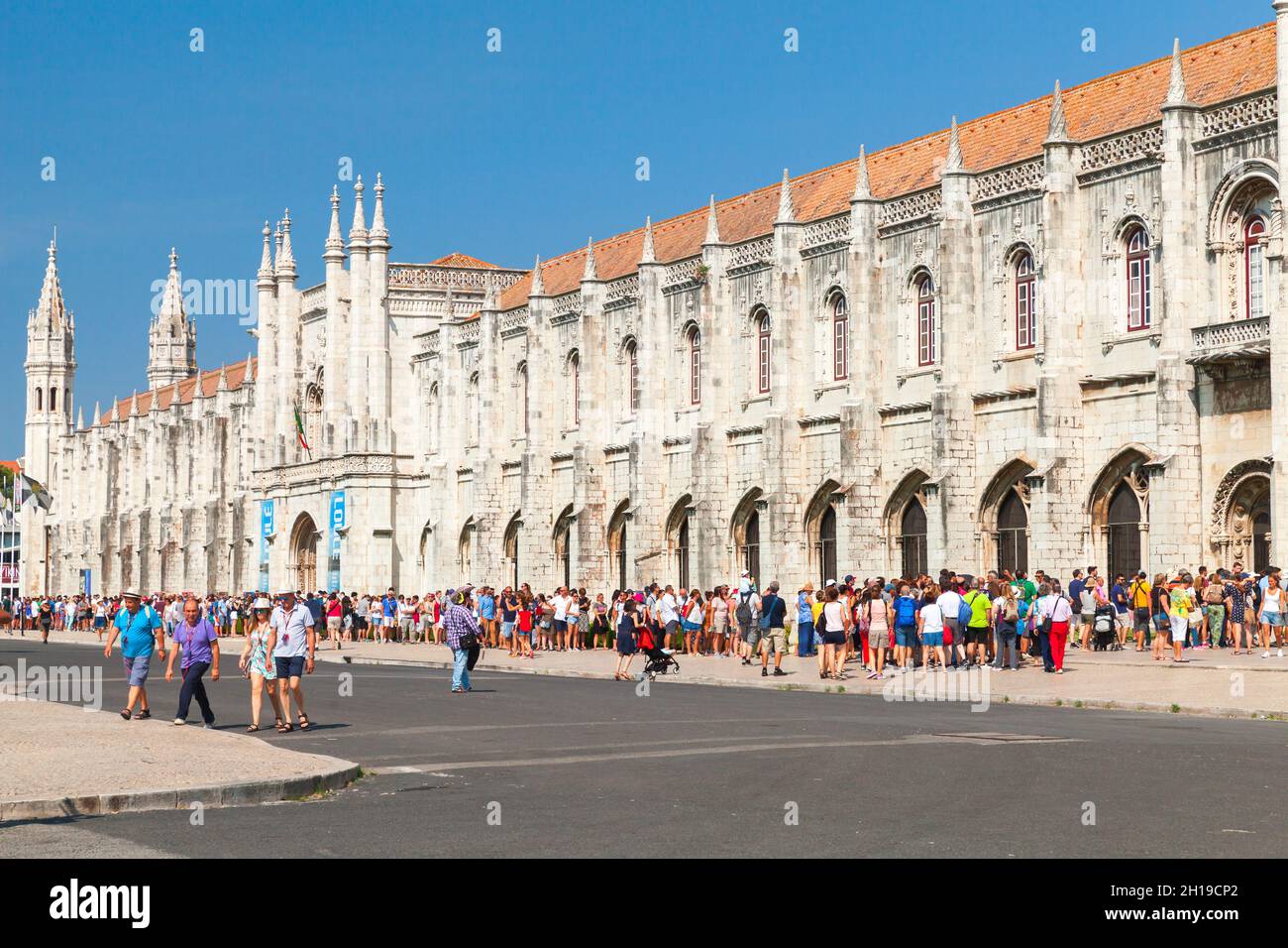 Lisbon, Portugal - August 13, 2017: Crowds of tourists visiting the Jeronimos Monastery In Lisbon, Portugal Stock Photo