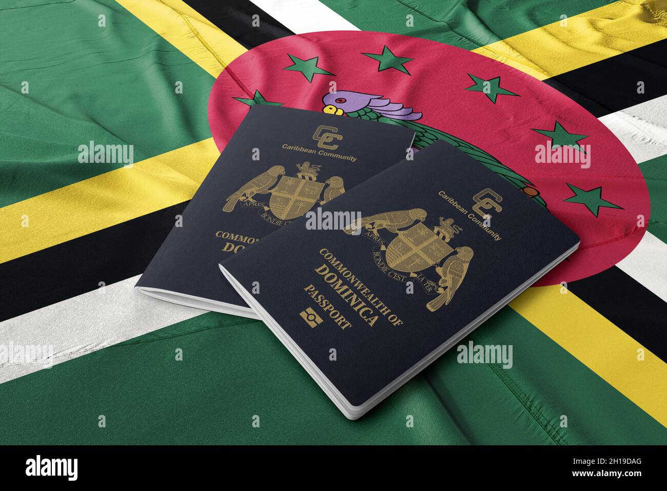 Dominica passport with the knowledge of Dominica travel, citizenship by investment, a Caribbean country Stock Photo