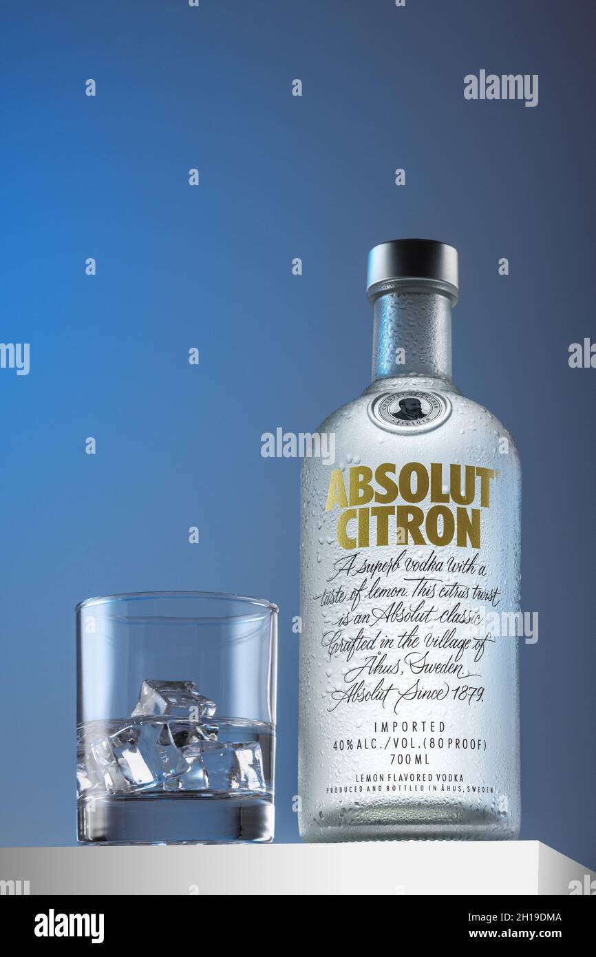 Heraklion, Greece -January 29, 2020: Product photography of bottle Absolut Citron Vodka. Stock Photo