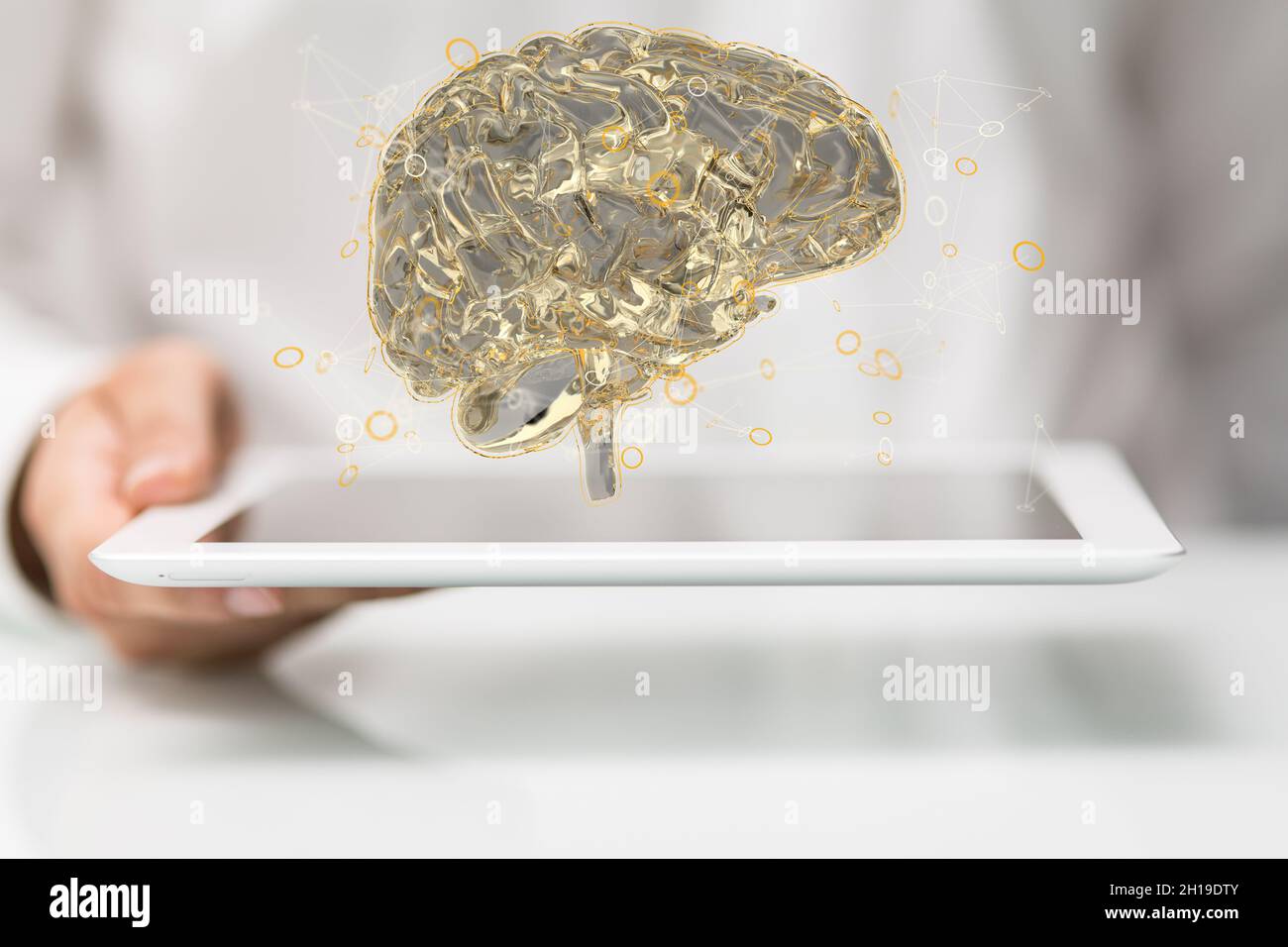 A human hand with a tablet showing futuristic Artificial Intelligence ...