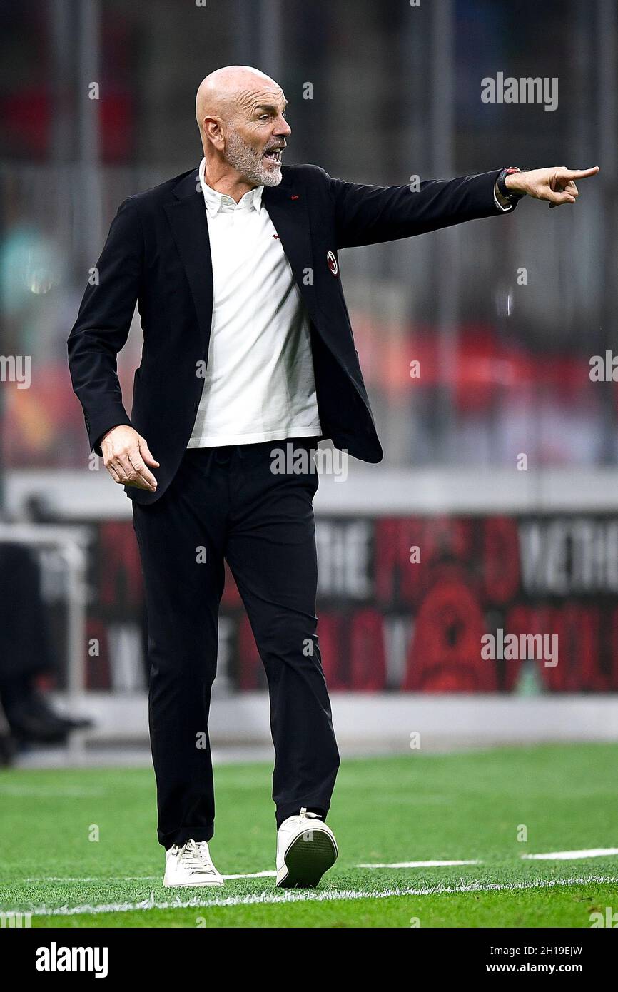 Milan, Italy. 16 October 2021. Stefano Pioli, head coach of AC Milan,  reacts during the Serie