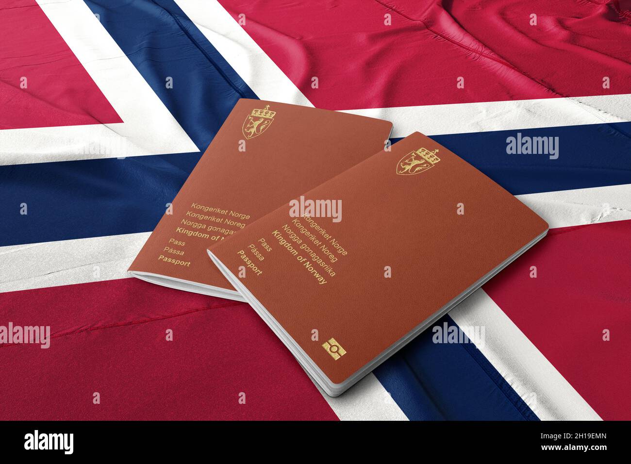 Norwegian passport on its flag, top shot, the passport is the