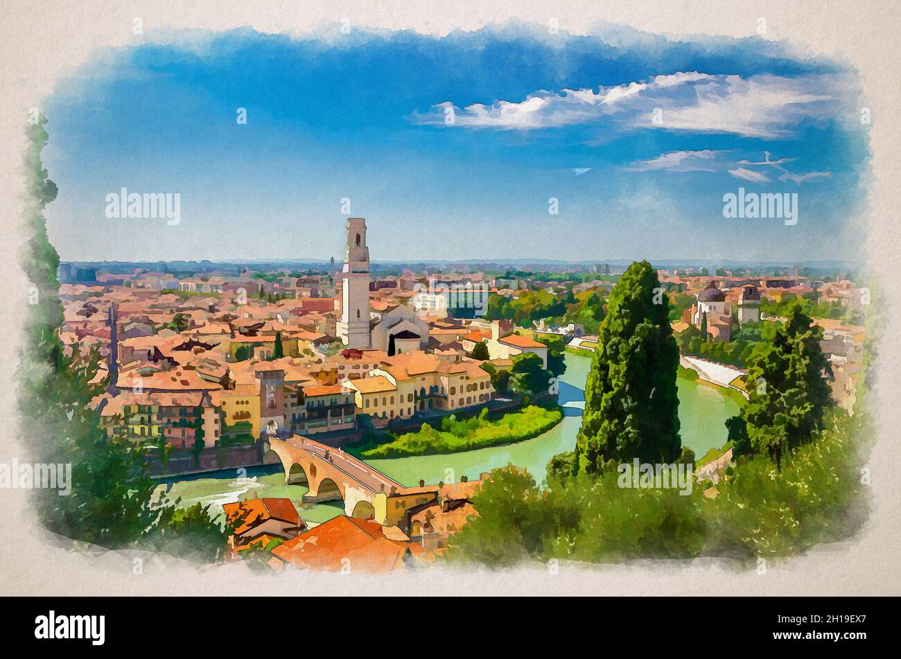 Watercolor drawing of Aerial view of Verona historical city centre, Ponte Pietra bridge across Adige river, Verona Cathedral, Duomo di Verona, red til Stock Photo