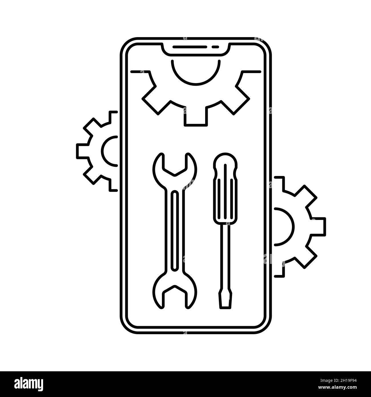 Smartphone repair icon. Screwdriver and wrench on mobile icon. Black