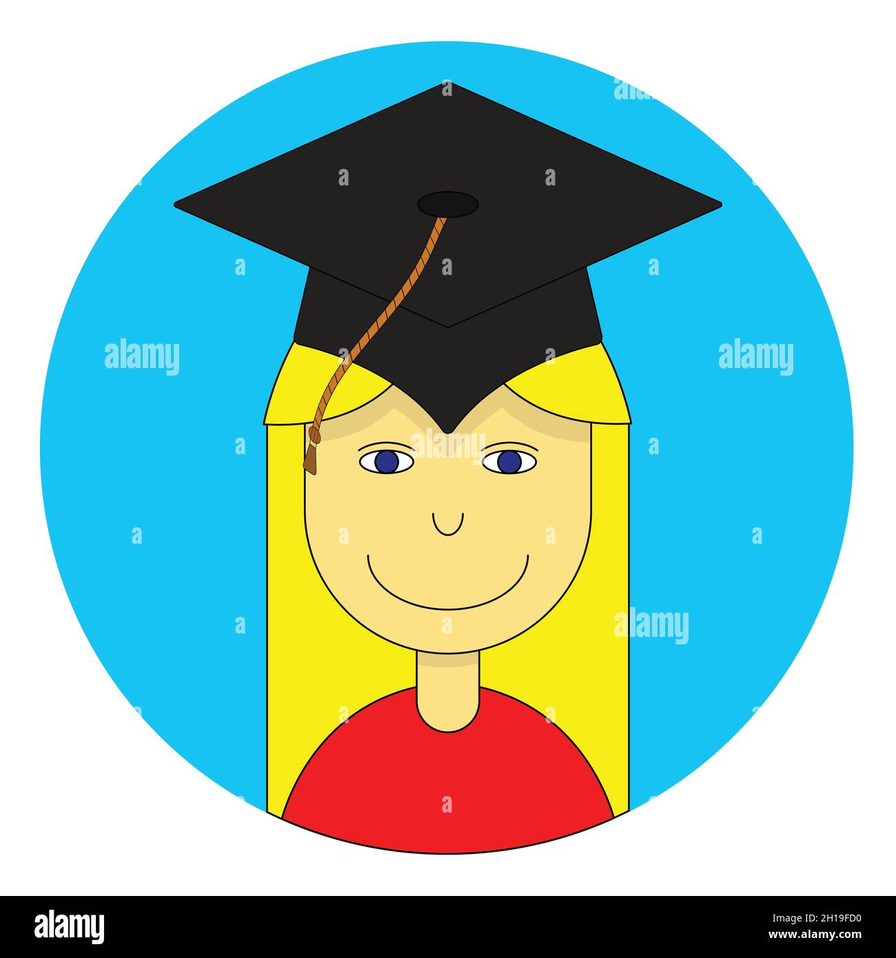 Blonde girl with a graduation cap round sticker label Stock Vector